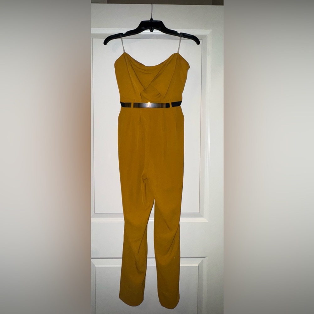Charlotte Russe Strapless Mustard Jumpsuit with Belt